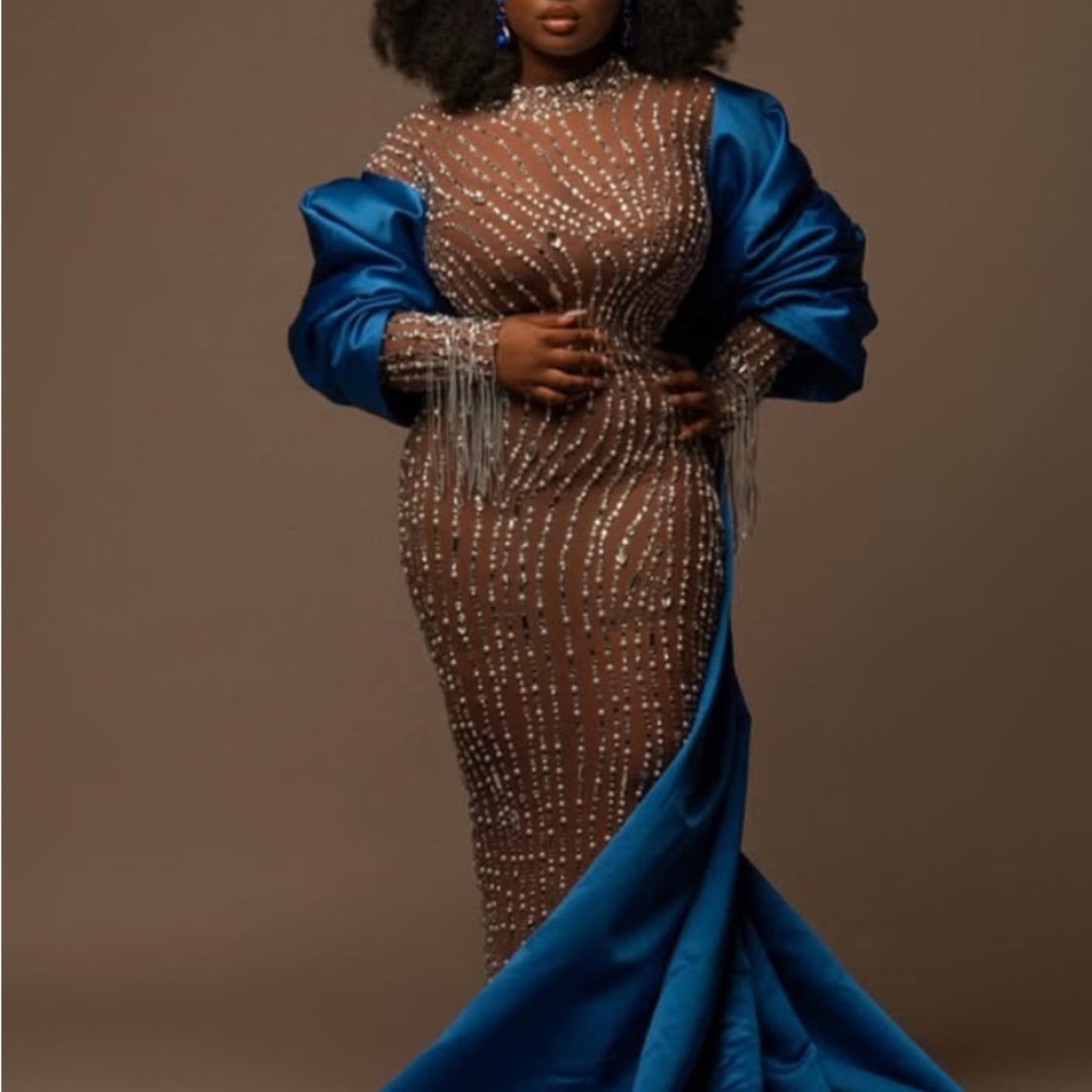 Elegant Blue and Silver Bedazzled Brown Base Sheer long sleeve Evening Gown